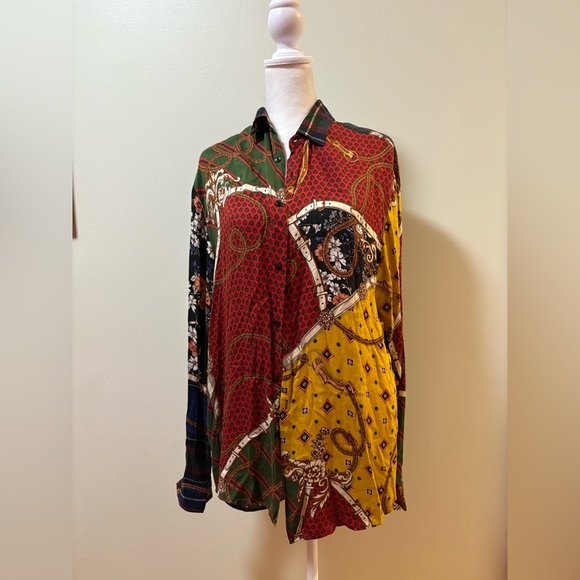 Zara patchwork print button down shirt sz M belts ropes - Picture 2 of 4